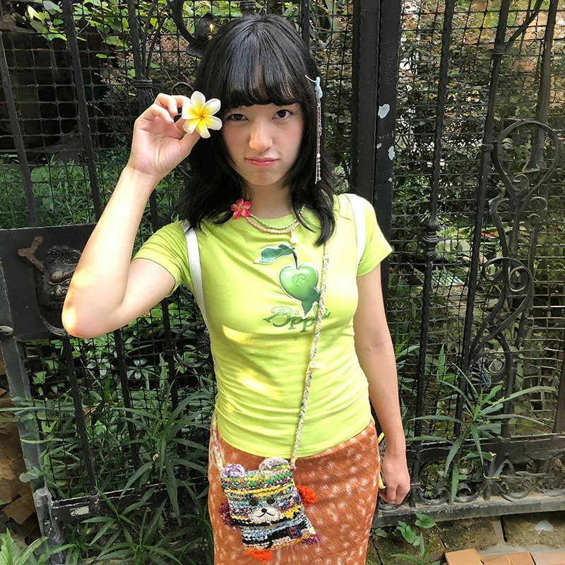Karrram Japanese Y2k Green Apple Print T-shirt 2000s Aesthetics Crop Tops Vintage Harajuku Short Sleeve Tee Shirt American Retro