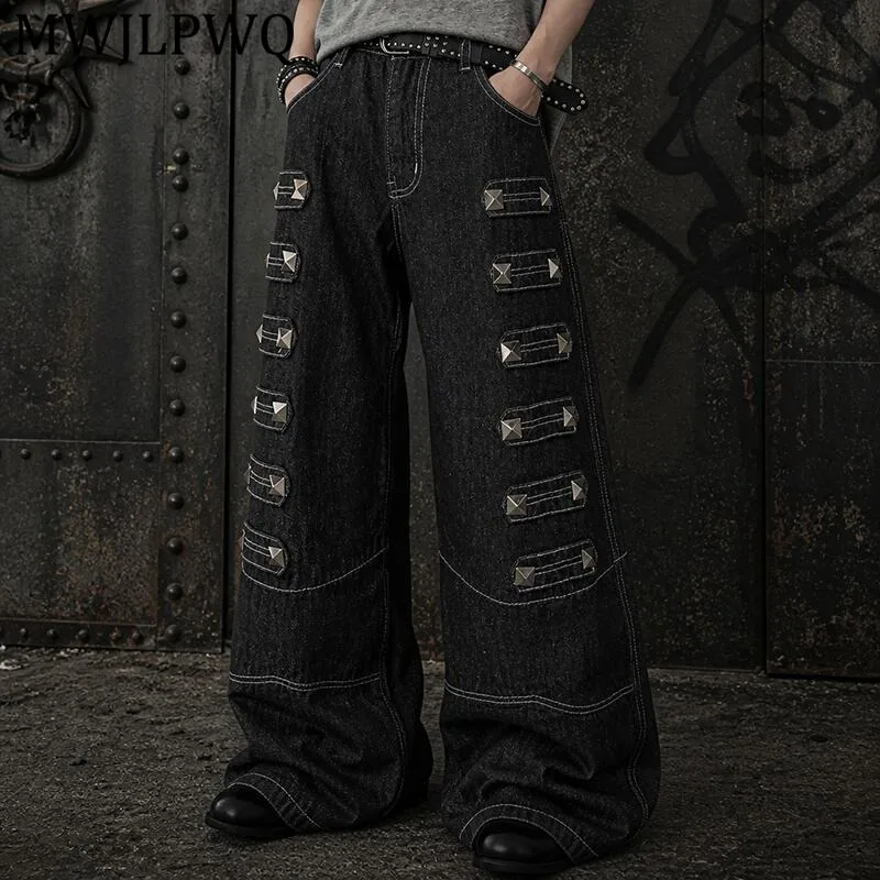 

MWJLPWQ American Subculture Studded Design Jeans For Men High Street Punk Spliced Unisex Loose Fit Wide Leg Trousers Trend 15882
