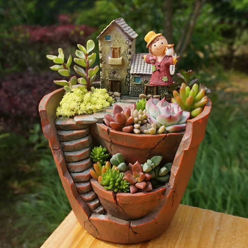 Dropshipping Garden Pot for Succulents Cactus, Creative Farmhouse Planter, Resin Flower Pots Fairy Garden Ornaments Home Decor