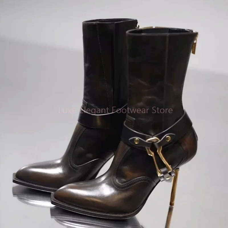 قفل معدني جلد عودة سستة خنجر حذاء من الجلد النساء الصلبة الجلد المدبوغ وأشار أحذية بوت قصيرة الموضة العصرية أحذية السيدات الحفلات جديد