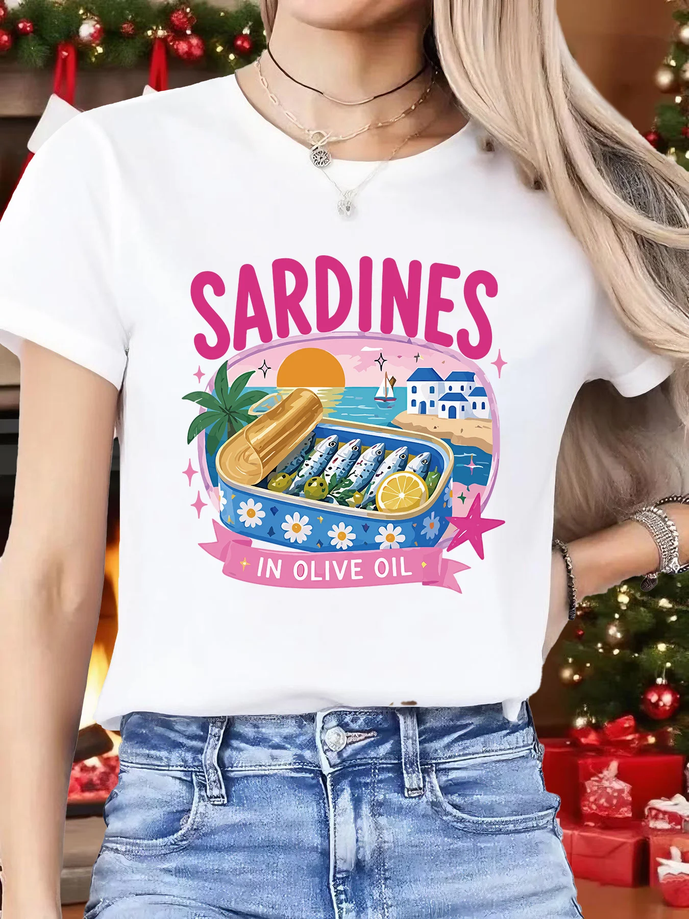 Bright Sardine Tin Can Coastal Scenery Womens Crew Neck Short Sleeve T Shirt Mediterranean Casual Graphic Tees For Ladies