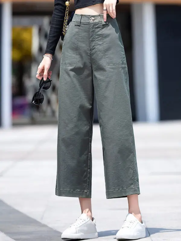 Women's Nine-Foot Wide Leg Pants Hidden Hip Casual Workwear Straight Tube Thin Cotton High Waist Commute Sle Asymmetric ...