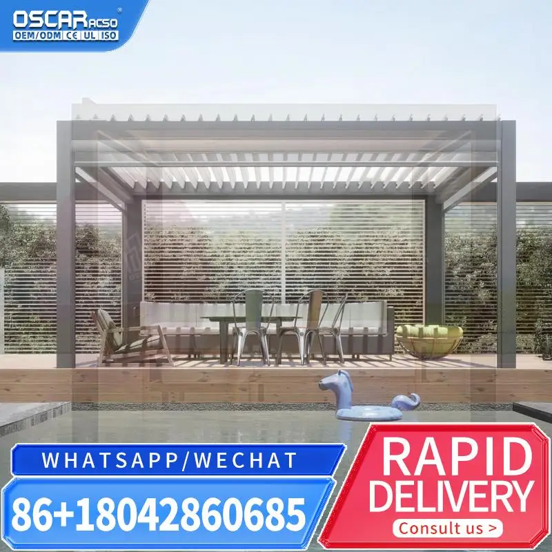 Waterproof Remote Control Motorized Roof Louvers Aluminium Pergola with Sliding Glass Doors Smart Ventilation Adjustable Shading