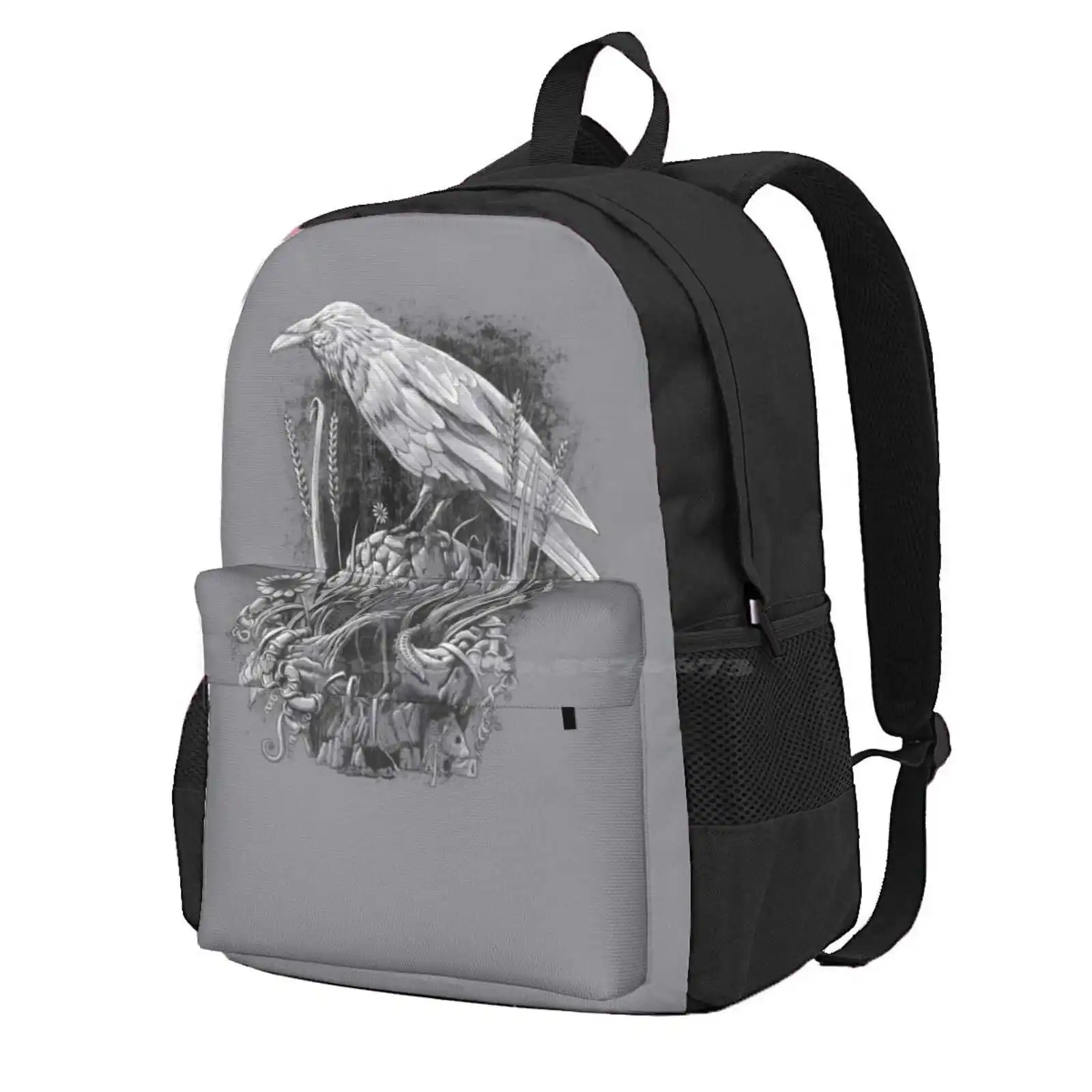 White Raven Hot Sale Schoolbag Backpack Fashion Bags Raven Crow Skull Bird Flowers Mouse Grass Leaves Seasons Change Vines Gray