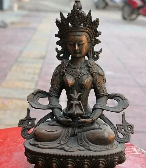 

8" Tibetan Buddhism Copper Bronze Amitayus Longevity God Goddess Buddha Statue