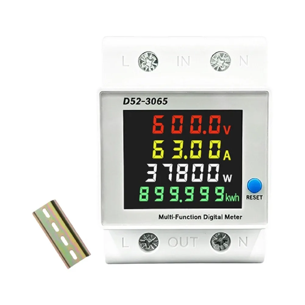 DC 14-600V 63A Digitaler Spannungs-, Strom-, Leistungs- und Energiemesser mit LCD-Display für Solar-PV-Systeme, Wohnmobile, Batteriespeicher, DIN-Schienen-Monitor