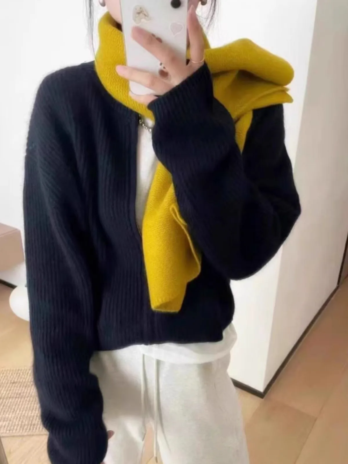 Fashion double zipper short pure cashmere knit cardigan women\'s crewneck small sweater loose wool coat