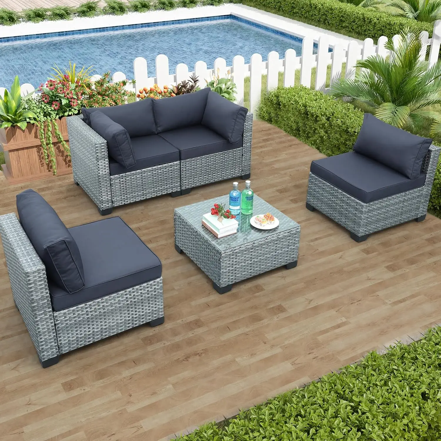 5-teiliges Patiofurniture-Set für die Unterhaltung couch im Freien, Rattan-Schnitts ofa mit Couch tisch und wasch barem Kissen