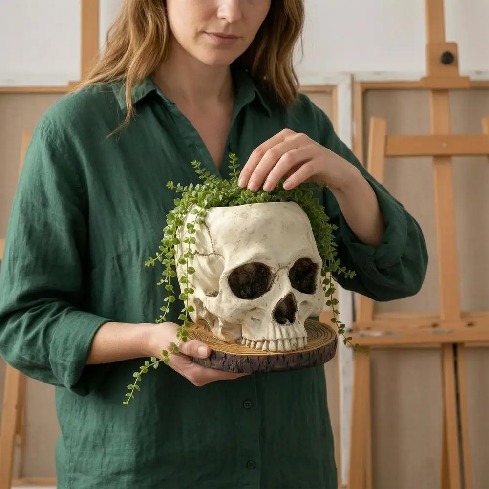 Halloween Retro Skull Planter Spooky Gothic Human Skull Head Flower Pot Skeleton Candy Bowl Decoration for Tabletop Home Decor