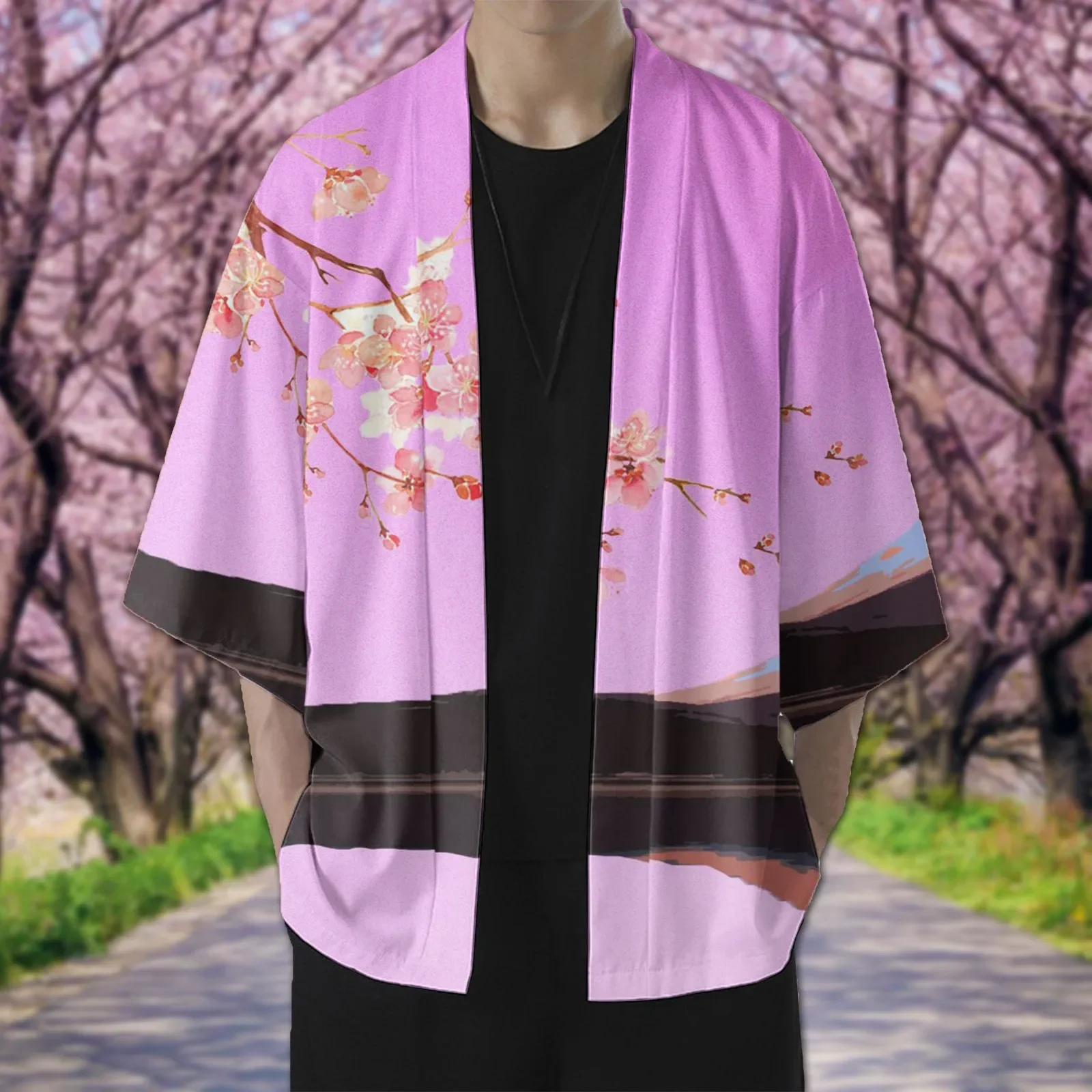 Male Spring And Summer kinomo Cherry Flower Cool Semi Long Sleeve Cardigan All Solid Color Casual Plus Size Men's Casual  Shirt