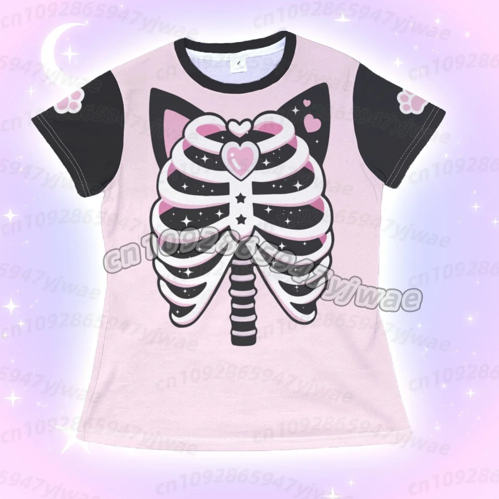 Summer Women's Halloween Skeleton Bones Yami Kawaii Y2K Skull Street Style Short Sleeve T-shirt Halloween Cute  cosplay t-shirtT view 3