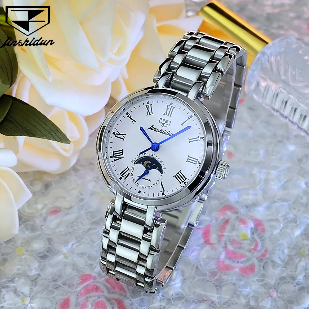 

JSDUN Women's Watches Top Brand Luxury Fashion Original Fine Steel Automatic Mechanical Wristwatch Waterproof Moon Phase Date