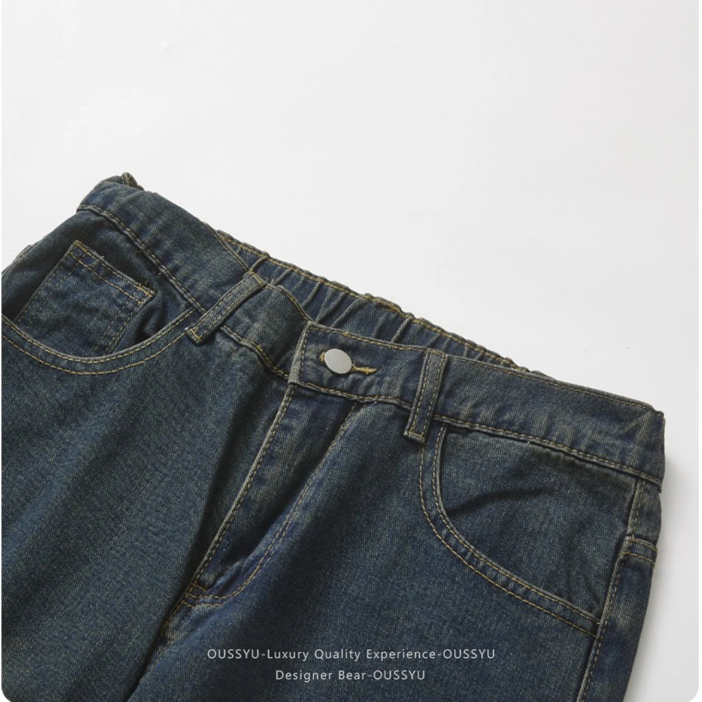 2026 Men's Vintage Yellow Mud Washed Denim Jeans American Loose Straight Wide Leg Casual Pants Summer Streetwear Navy Blue S-3XL