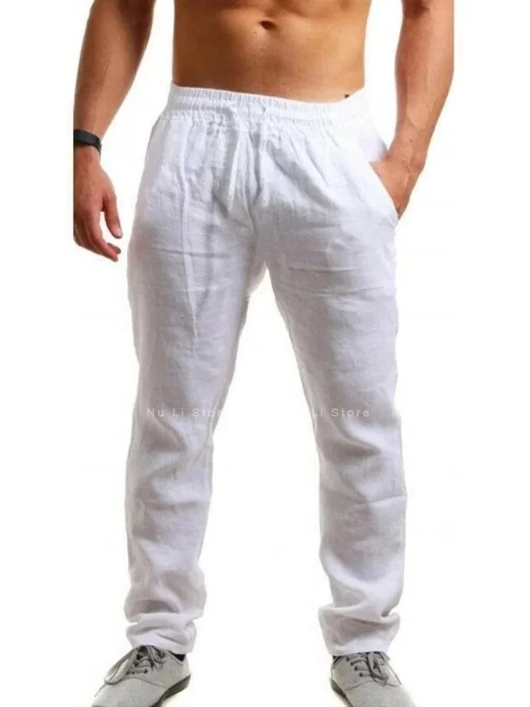 Men's Cotton Linen Pants Male Autumn New Breathable Solid Color Linen Trousers Fitness Streetwear S-3XL