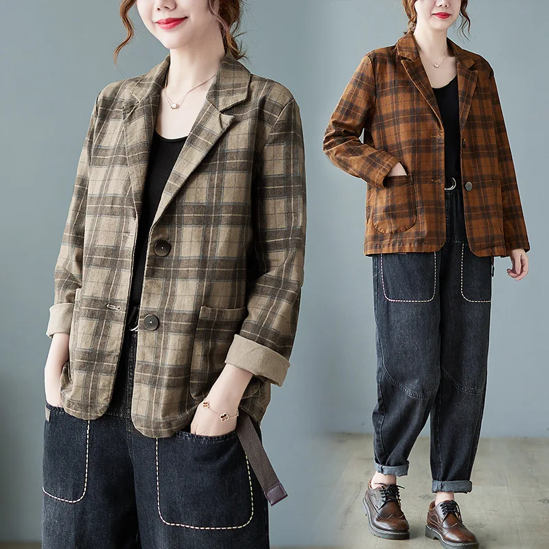 Autumn New Retro Style Plaid All Match Suit Short Jacket for Women, Loose and Versatile, Slimming Vintage Fashion Top