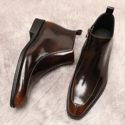 Genuine Leather Western Men's Ankle Boots Black Brown Suit Dress Shoes Boots For Men Zipper Formal Men Shoes Chelsea Boots