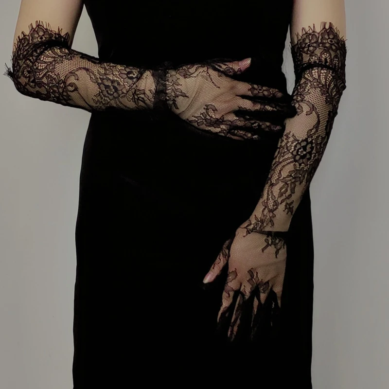 Fairy Long Black Lace Gloves Sexy Mesh Hollow Out Bridal Glove Thin Sunscreen Elbow Gloves Wedding Dress Photography Accessories