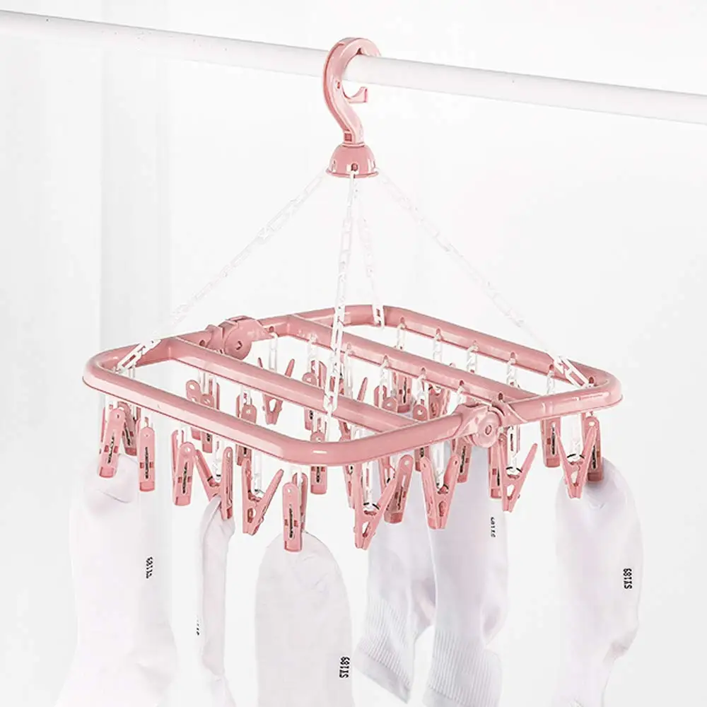 Foldable Clip and Drip Hanger with 32 Clips - Plastic Hanging Drying Rack for Clothes Underwear Socks