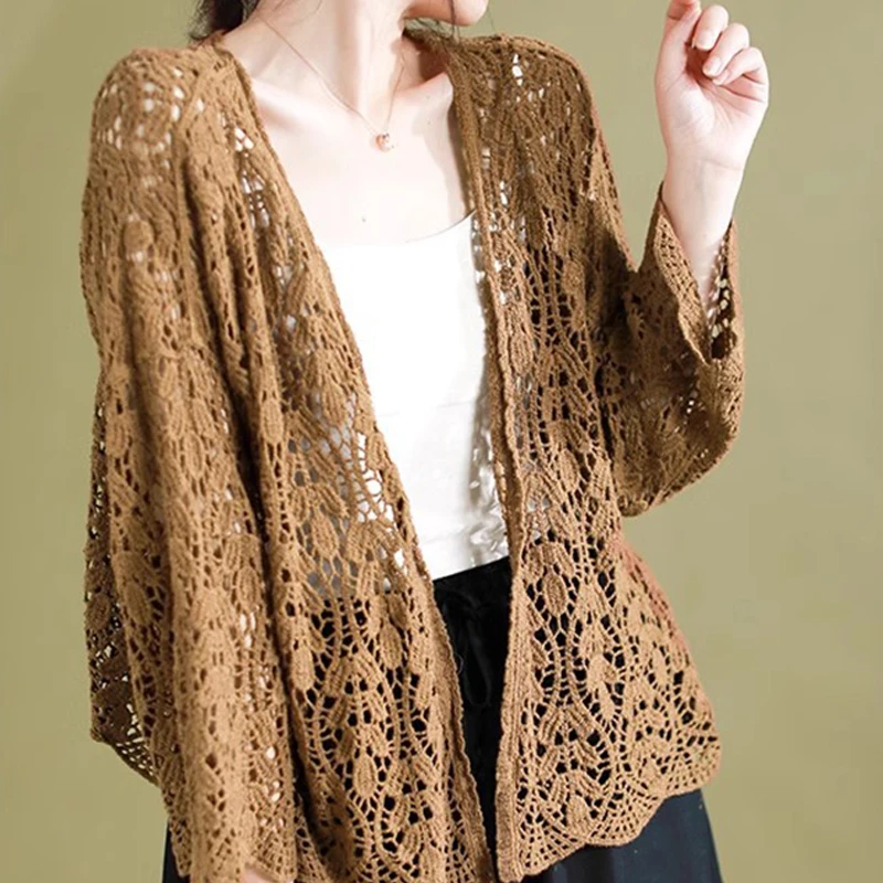 Cardigan da donna all'uncinetto Top scavato aperto sul davanti Manica a 3/4 Camicie di protezione solare Casual Copricostume da spiaggia Estate Streetwear