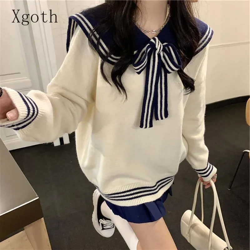 Women's Sweaters Gentle Contrasting Color Sailor Collar Bow Knitwears Loose Casual Sweet College Style Pullovers Ladies Clothing