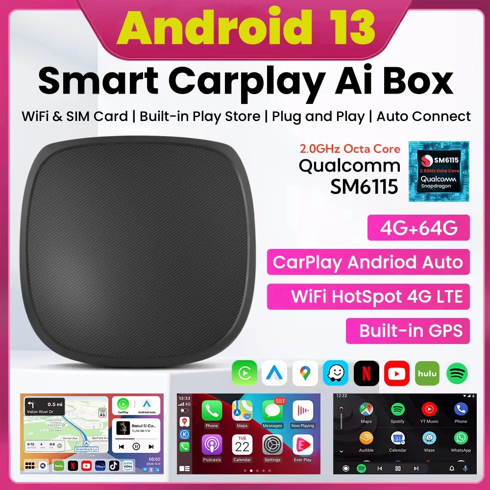 

2024 Android 13 Smart CarPlay Ai Box Wired To Wireless CarPlay Wireless Android Auto For Netflix For YouTube GPS 5GWiFi