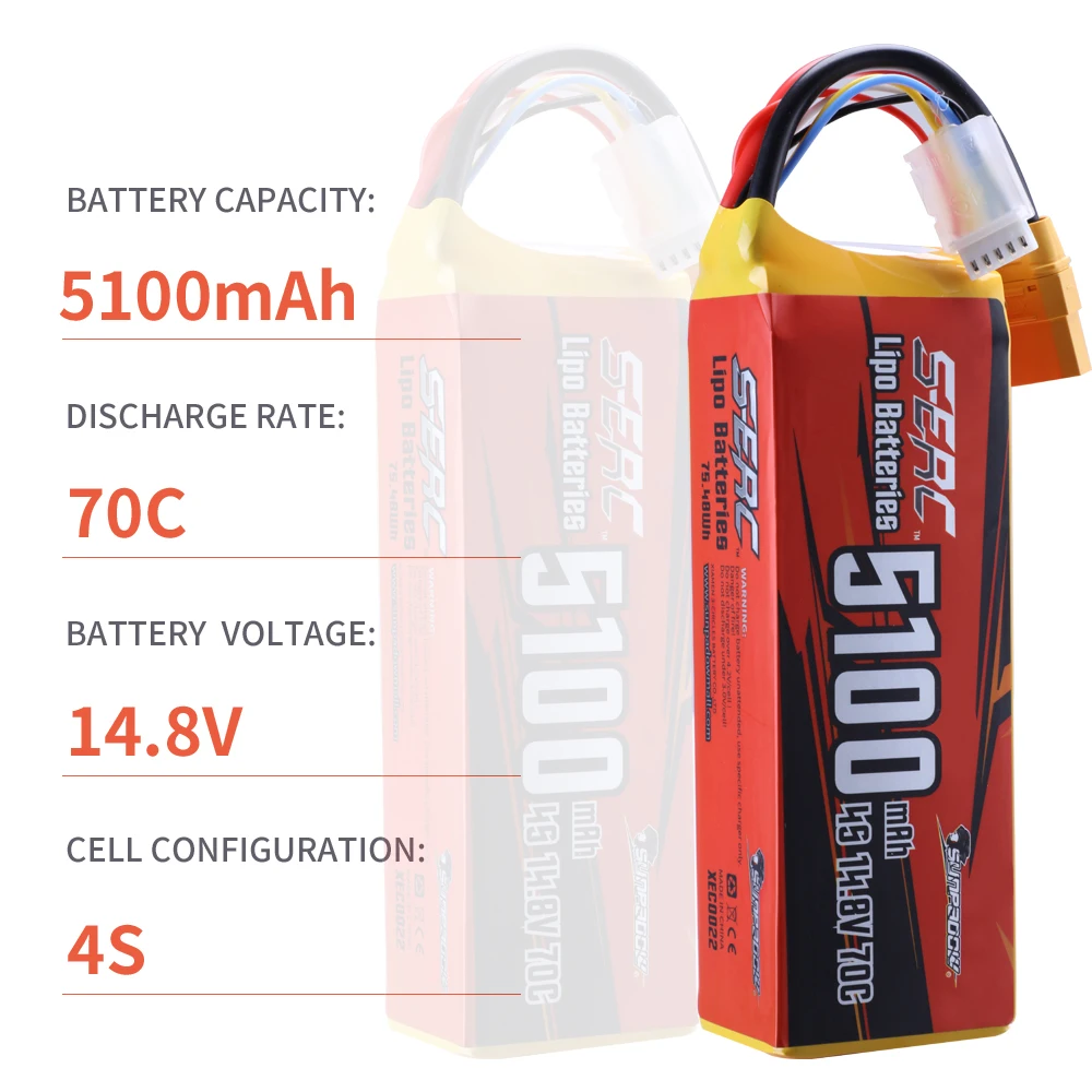 SUNPADOW 5100mAh 4S Lipo Battery for 14.8V 70C with XT90 Connector RC Airplane Aircraft Quadcopter Drone FPV Helicopter