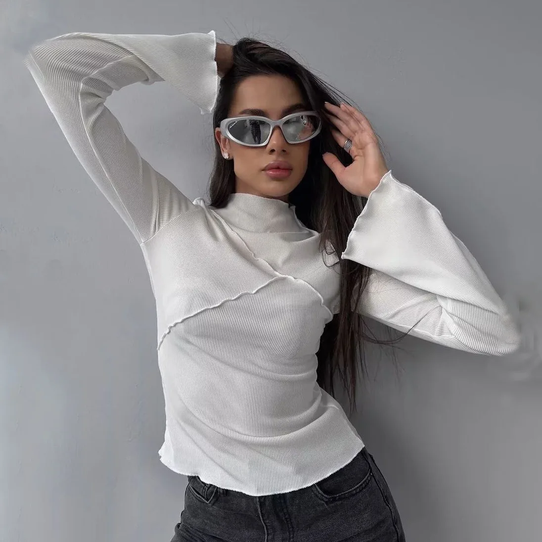 White Casual T-shirt Women Long Sleeve Turtleneck Chic Crop Tops Sexy Simple Style Party Club Spring Autumn New Base T-shirts