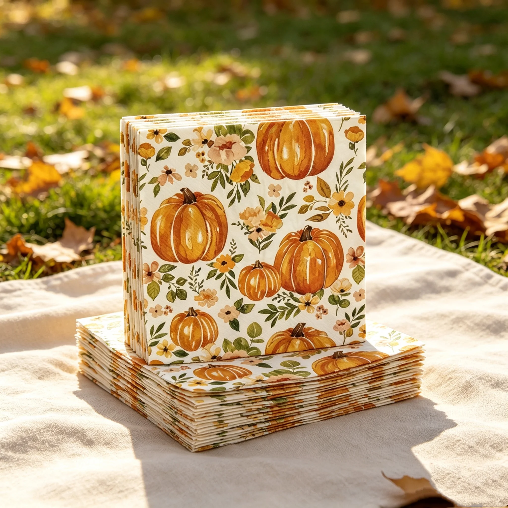 Thanksgiving Pumpkin Floral Paper Napkins Disposable Fall Autumn Themed Napkin for Harvest Party Table Decor Dinner Supplies