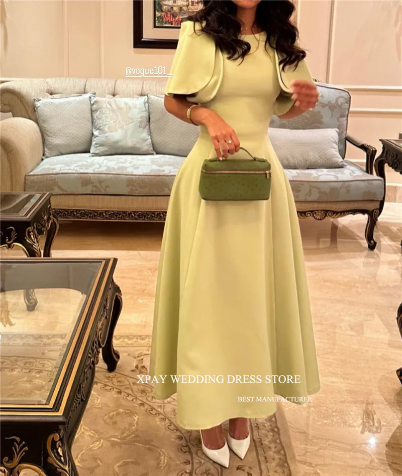 

XPAY Simple Light Green Evening Party Dresses Saudi Arabic Women Short Sleeves Scoop Neck Ankle Length Vintage Prom Gowns