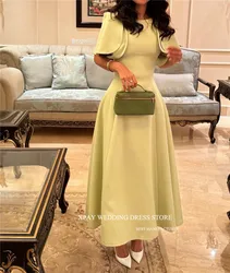 XPAY Simple Light Green Evening Party Dresses Saudi Arabic Women Short Sleeves Scoop Neck Ankle Length Vintage Prom Gowns