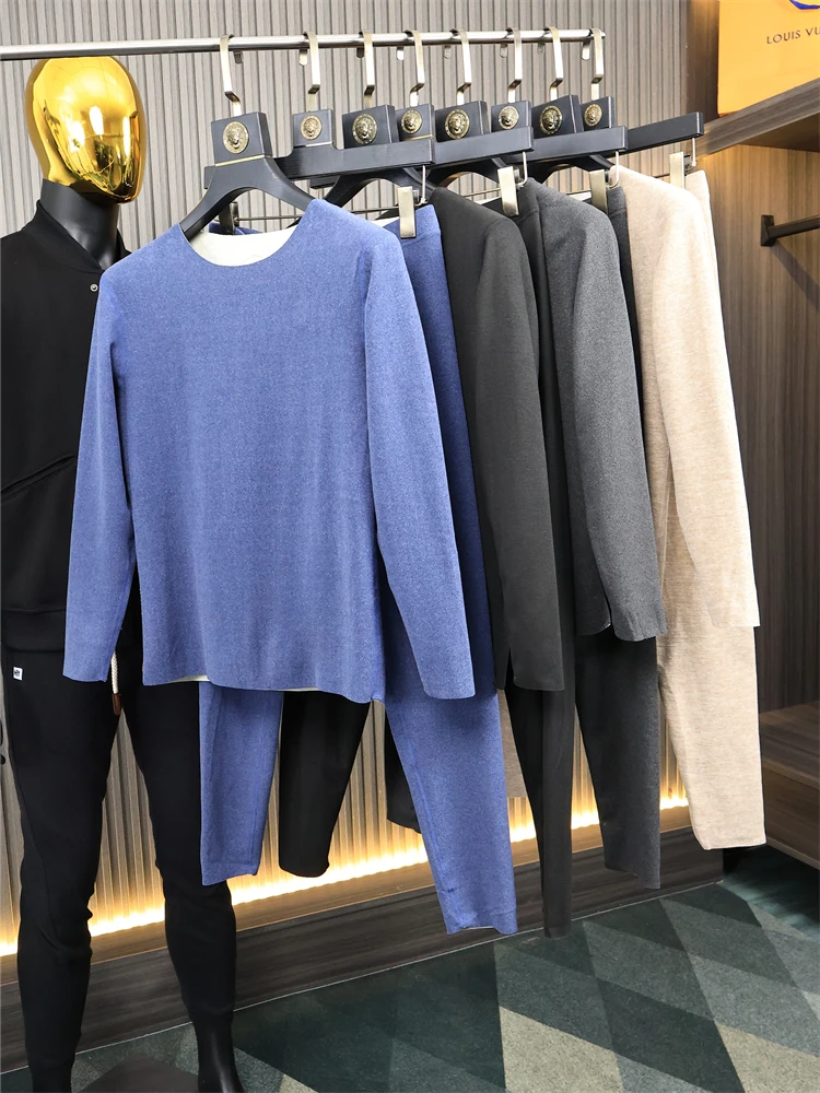 Men's Double-Sided Heating Wool Blend Thermal Underwear Long Pants Simple Style Big round Neck Home Clothes Warmth Function