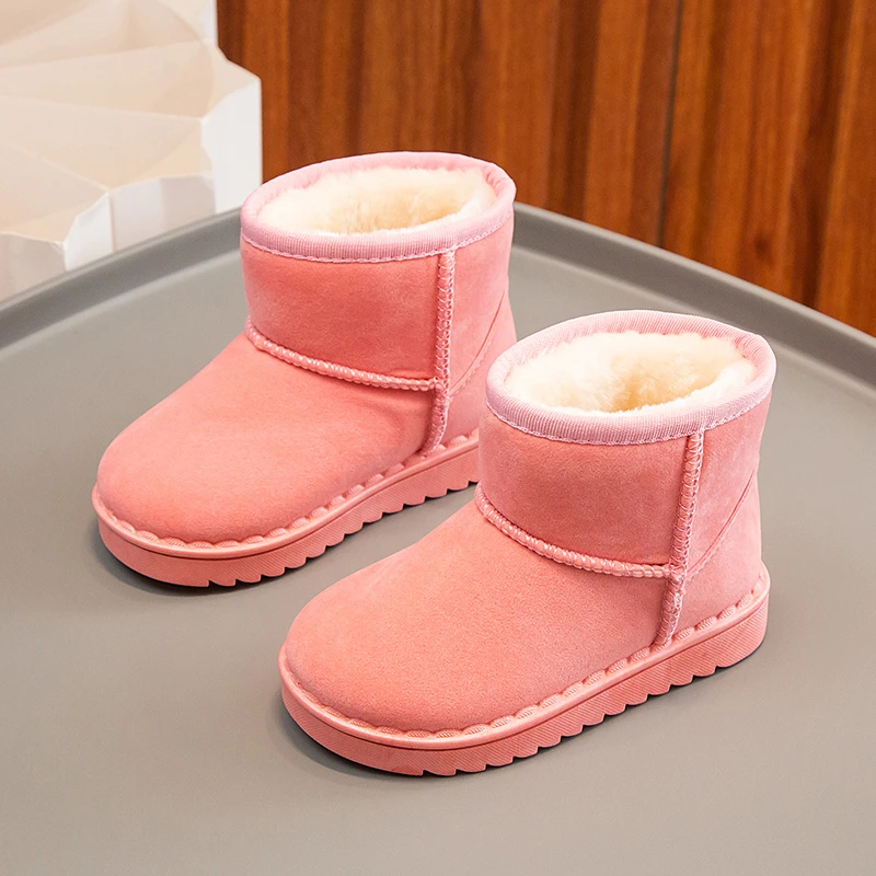 Children Snow Boots Concise Style Plush Chunky Winter Kids Short Boot Solid Color Slip-on Unisex Classic Boys Girls Shoes 23-36