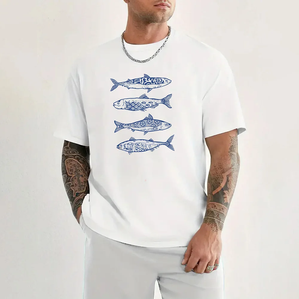 T-shirt 100% coton de haute qualité imprimé motif poisson 2025 avec col rond, manches courtes tendance d'été, haut hip hop de rue.