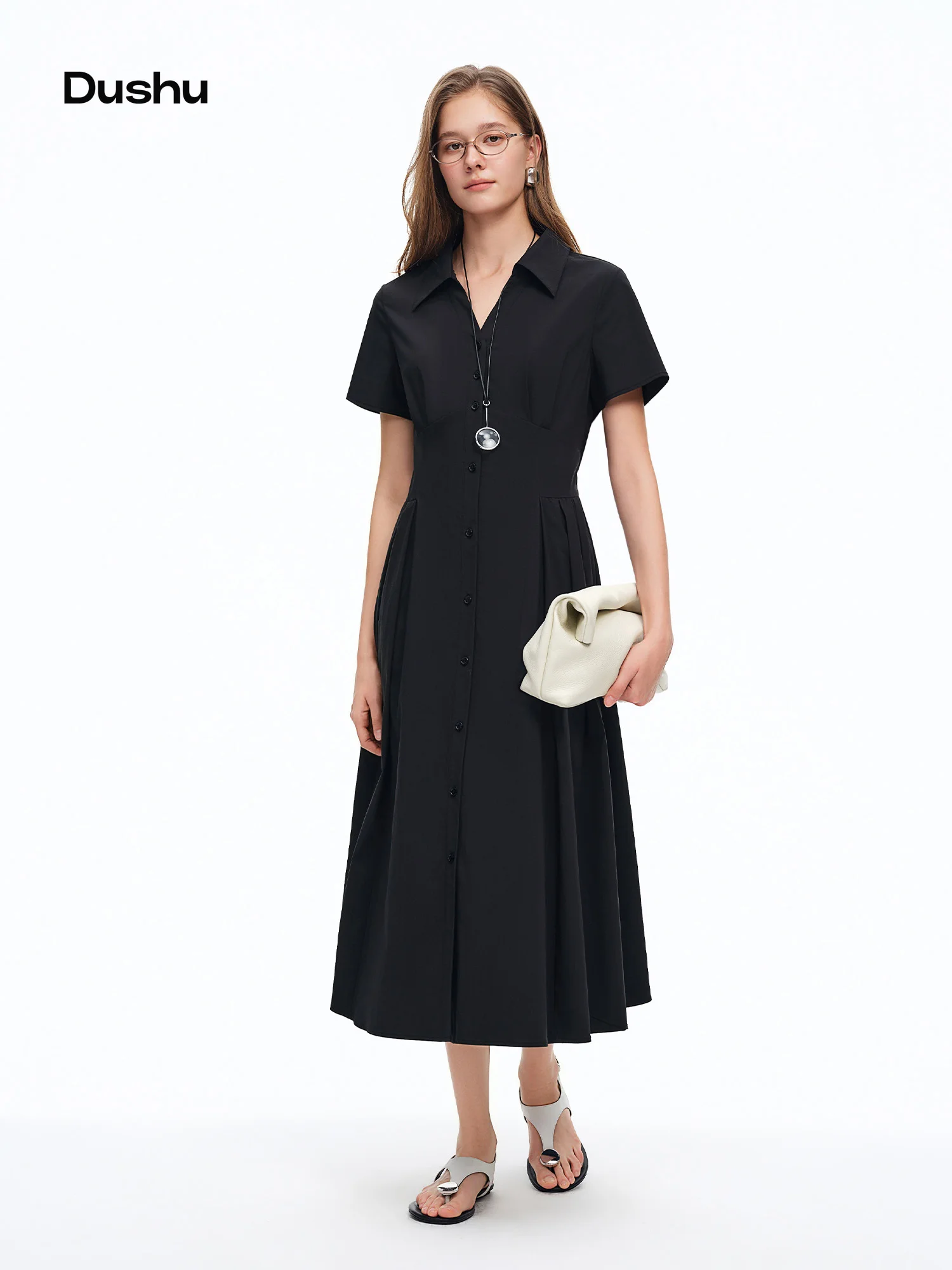 

DUSHU Women's Versatile Shirt-inspired Waist-cinching Dress Office Casual Slimming Fit Summer 2026 New Arrival Cotton Contain