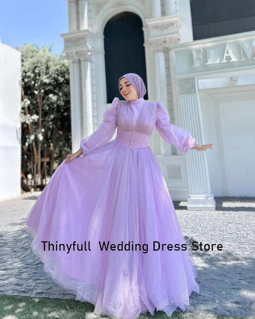 Thinyfull A-line Dotted Tulle Arabic Muslim Engagement Prom Dress High Neck Long Sleeves Evening Party Dress Long Formal Gown