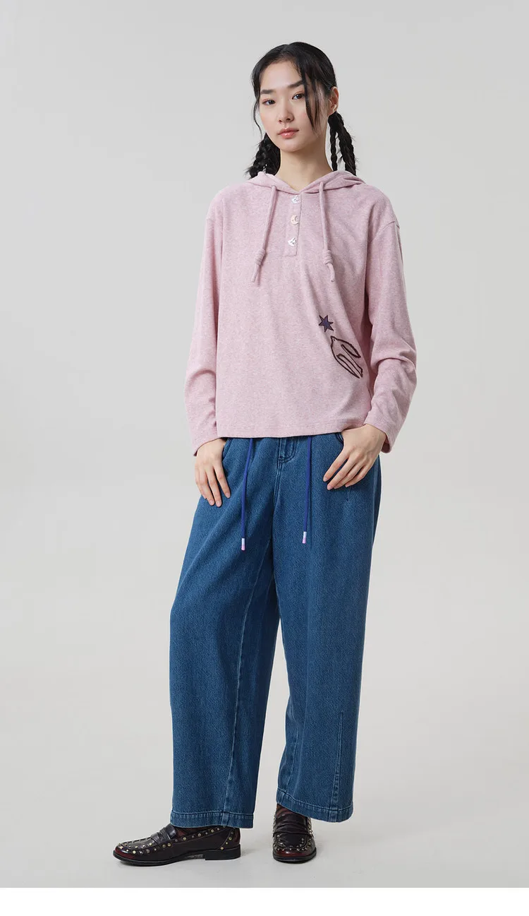 MOVEUP Hooded Drawstring Pullover 2026 Autumn Bird‑Shaped Buttons Embroidery Sweatshirts Loose Long Sleeve Casual Top 3ELQ10567