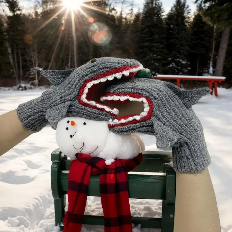 قفازات ساحرة مسلية على شكل سمكة قرش مخيطة، قفازات شتوية دافئة كرتونية، مثالية لعيد الميلاد، الوقاية من البرد