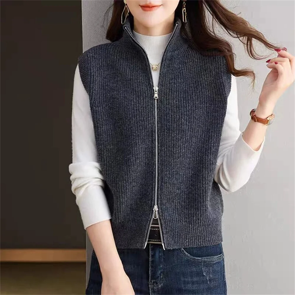 

Женская одежда, винтажная модная водолазка, вязаный кардиган, осень-зима, новые универсальные свободные свитера без рукавов, женские топы на молнии