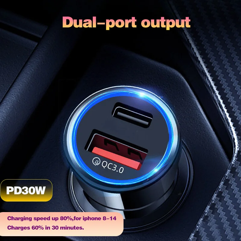 2Port 53W Car Charger QC3.0/PD30W Fast Charging Car Phone Charger Adapter for iPhone iPad Xiaomi Huawei Samsung Quick Charger