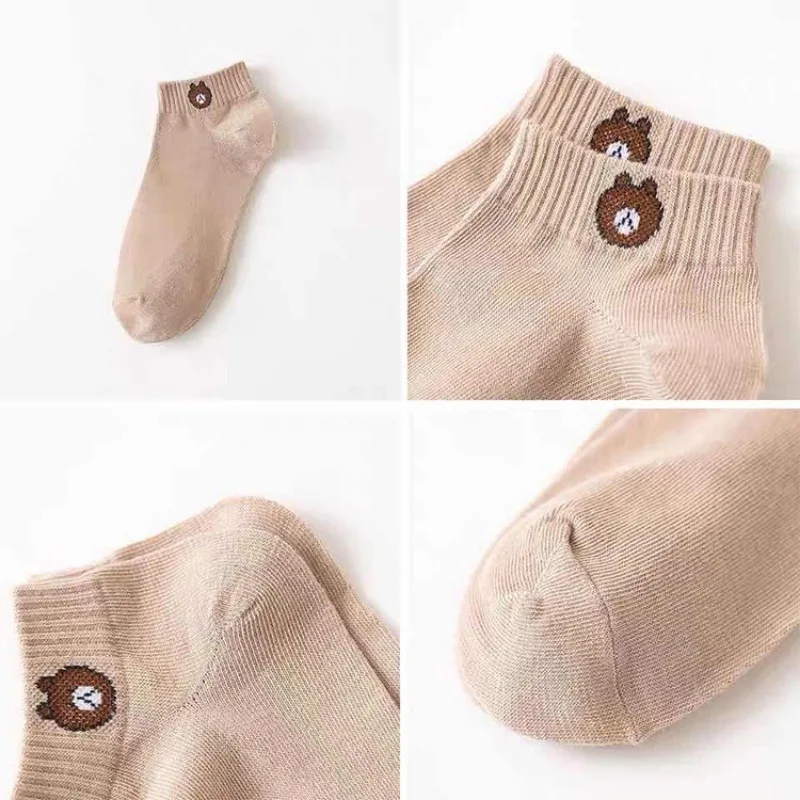 1 pair of Japanese style short socks brown bear socks bear pattern socks fashionable, cute sweet bear socks ladies breathable co