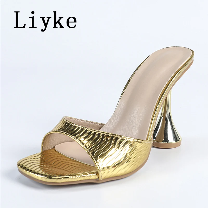 

Liyke странный стиль, золотые тапочки на высоком каблуке для женщин, летние модные сандалии-гладиаторы с квадратным открытым носком, туфли-лодочки, размер 35-44