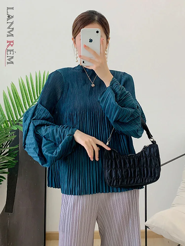 

LANMREM Pleated Blouse For Women Long Puff Sleeves Round Neck Loose Casual Top Female Elegant Clothing 2024 Spring 2R6886