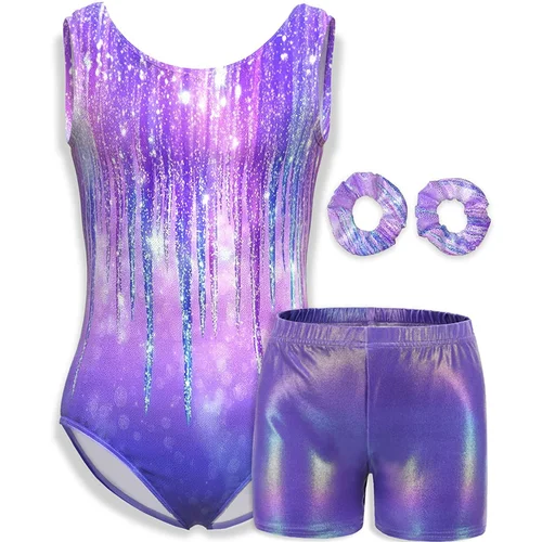 Imagen 1 del producto Camisola sin mangas para niñas, leotardos de baile de Ballet para niñas, trajes de baile gimnástico con pantalones cortos a juego, diadema, 4 piezas