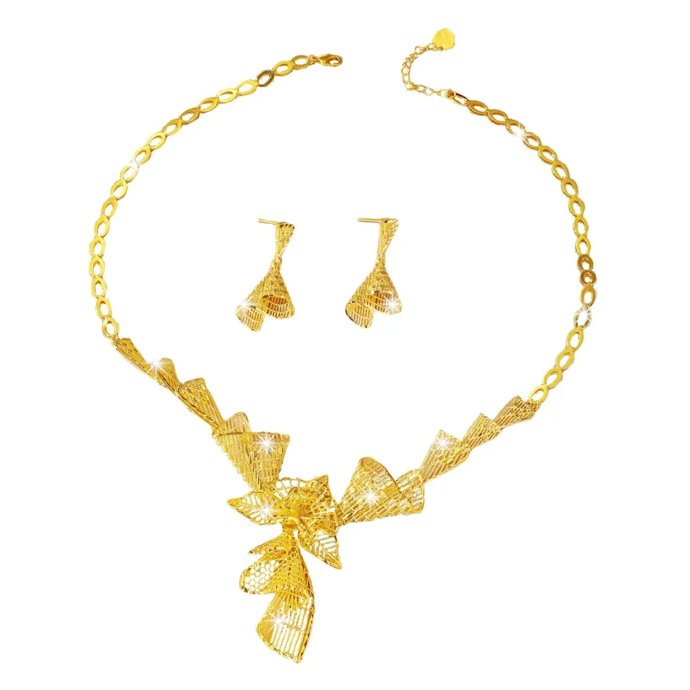 Luxury 9999 24K Real Gold Bridal Unique Flower Necklace Women's Earring Set Light Luxury Wedding Set Chain