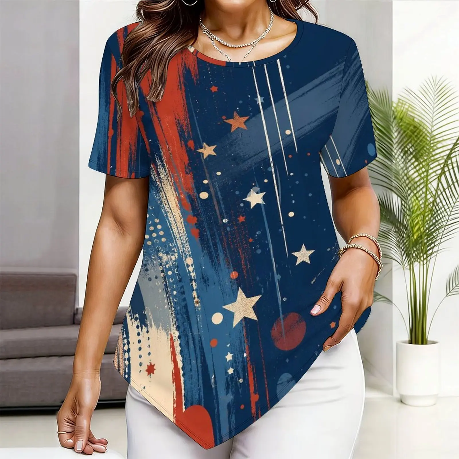 Women Top with Print Round Neck Short Sleeve Pointed Hem