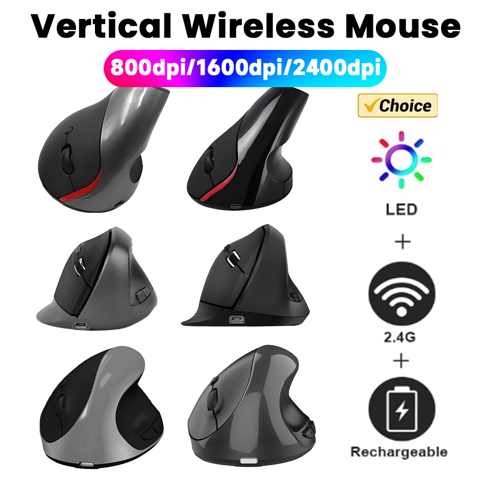 2.4G Vertical Wireless Mouse Ergonomic Rechargeable 2400DPI Adjustable 6 Buttons Vertical PC Mice for MacBook Tablet Laptops