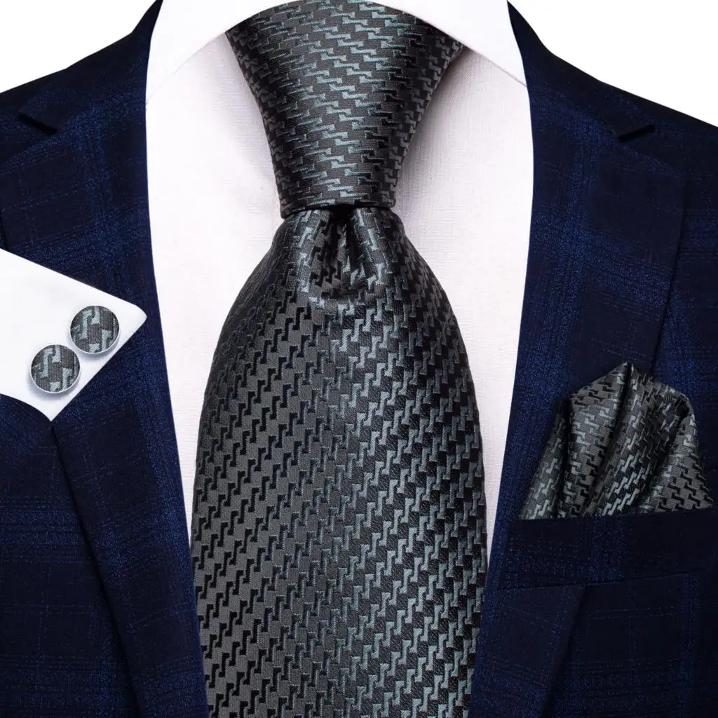 Hi-Tie New Smoke Grey Tie For Men Elegant Mens Necktie Pocket Square Cufflink Groom Wedding Accessory Wholesale Designer