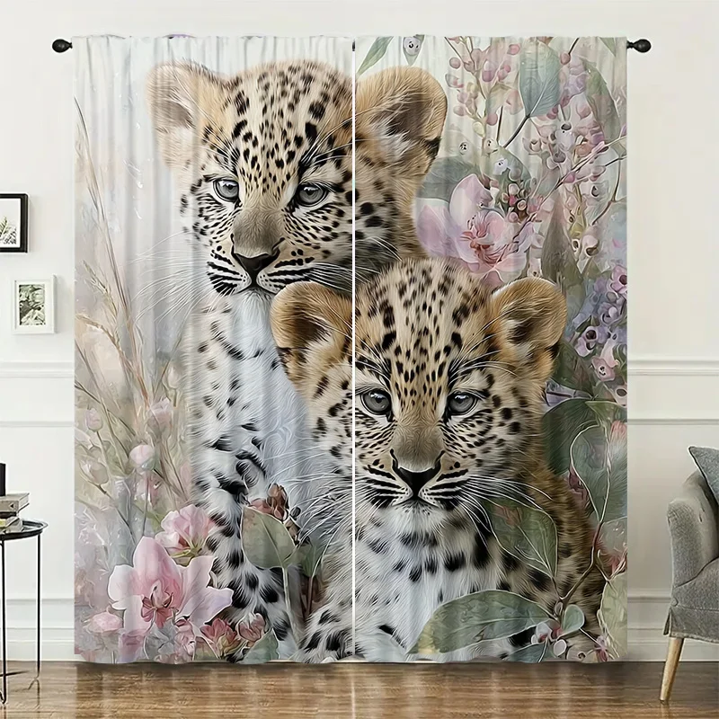 Floral leopard print pattern curtains, installed using pocket rods, suitable for bedrooms, living rooms, balconies decoration