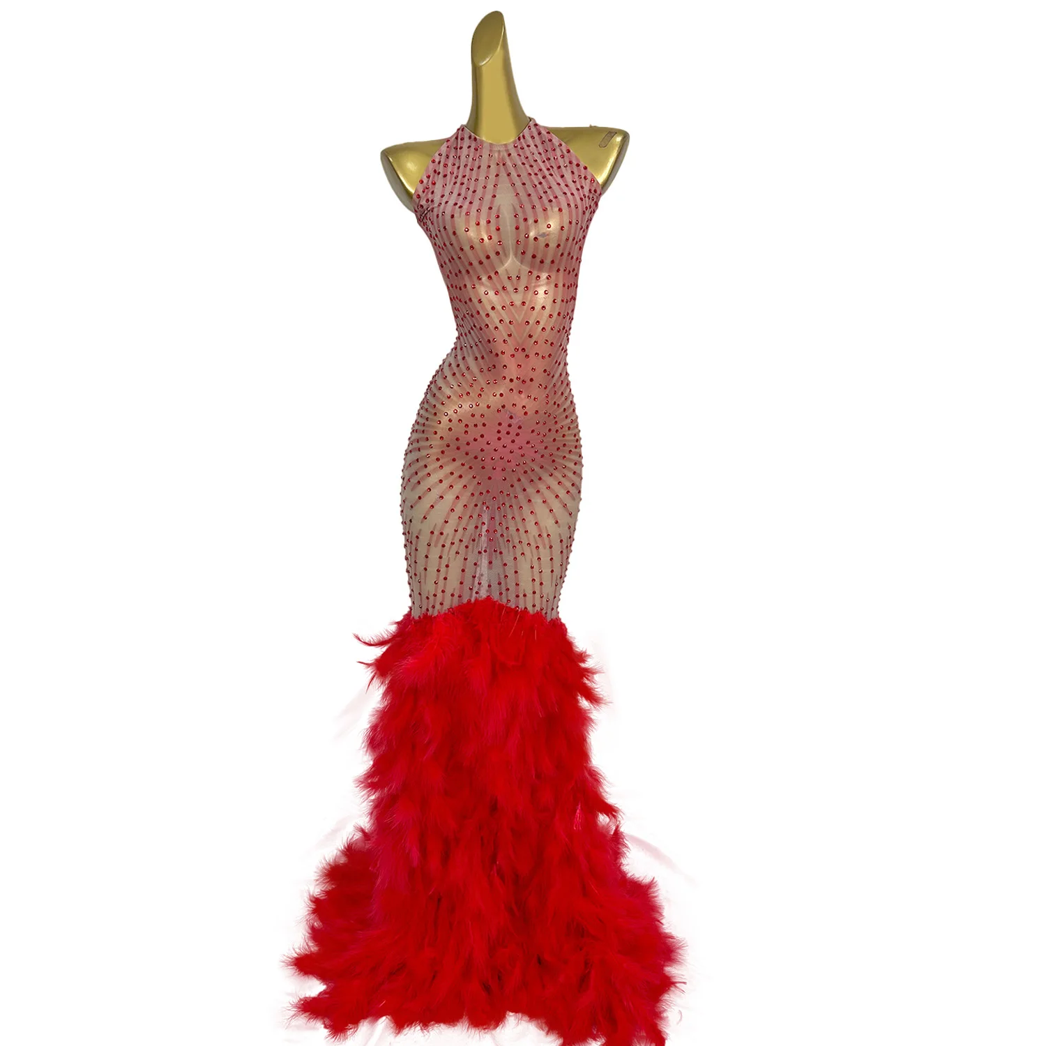 Vestido Fiesta de cristal rojo para banquete, Vestido de noche para mujer, Vestido de cena para desfile, traje de Club, Vestido ajustado para fiesta de graduación, Vestido de sirena con plumas