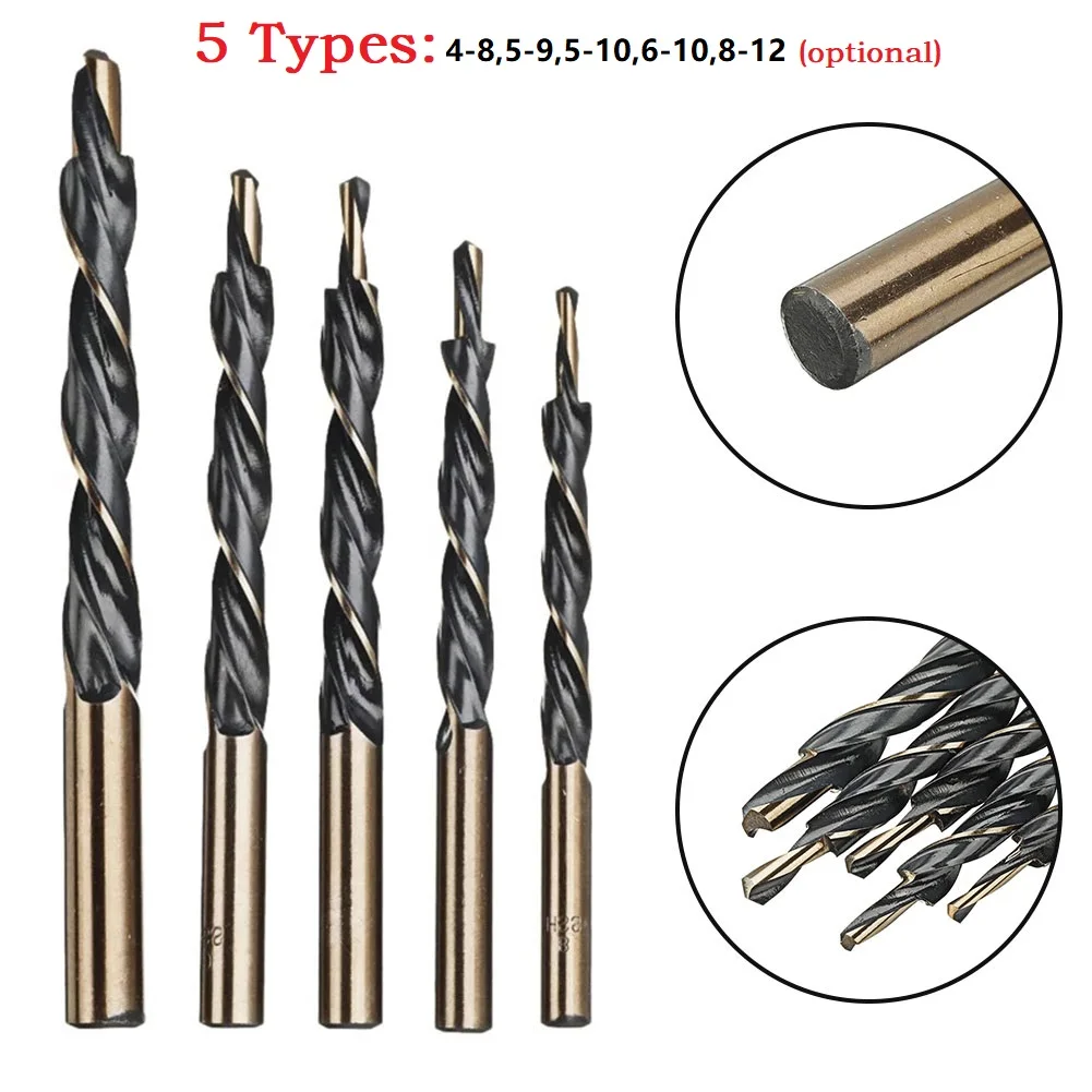 5Pcs HSS Cobalt Coated Twist Step Drill Bits 8-4/9-5/10-5/10-6/12-8mm Woodworking Tool For Manual Pocket Hole Jig